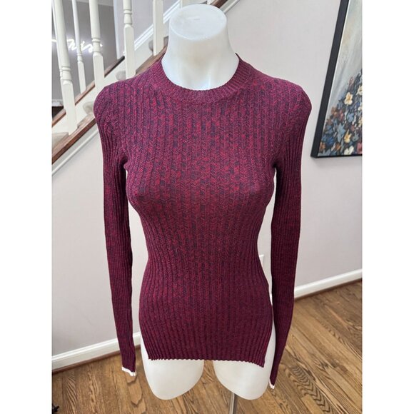 Celiné Ribbed Cotton Long Sleeve Sweater Top Burgundy Navy Size Small - Picture 2 of 7